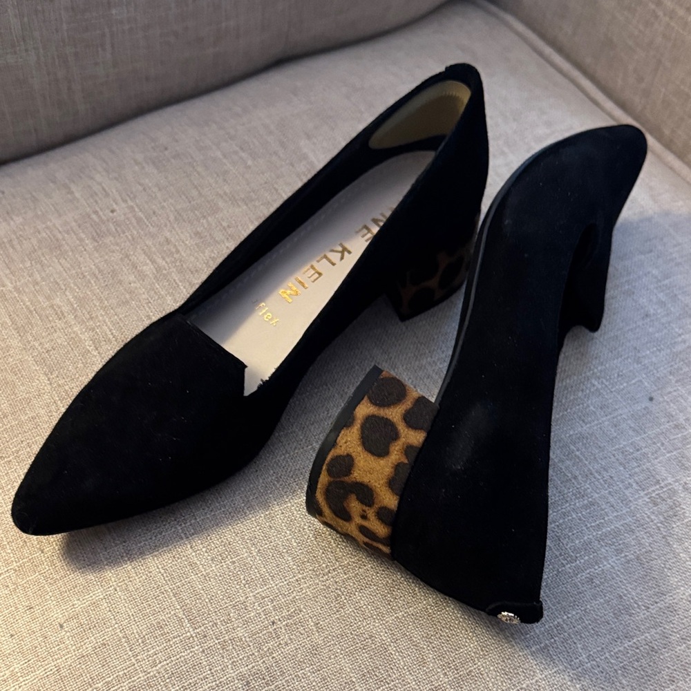 Anne Klein Black Suede Heels with Leopard Accent